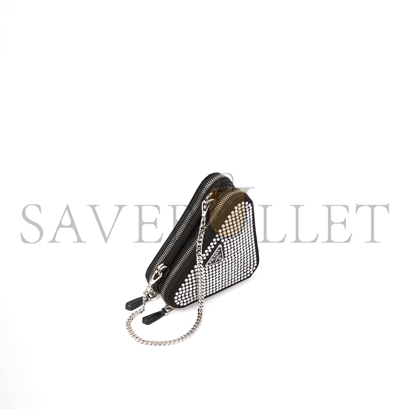 PRADA TRIANGULAR EMBELLISHED SATIN AND LEATHER MINI-POUCH 1NR015 (15*15*10cm)